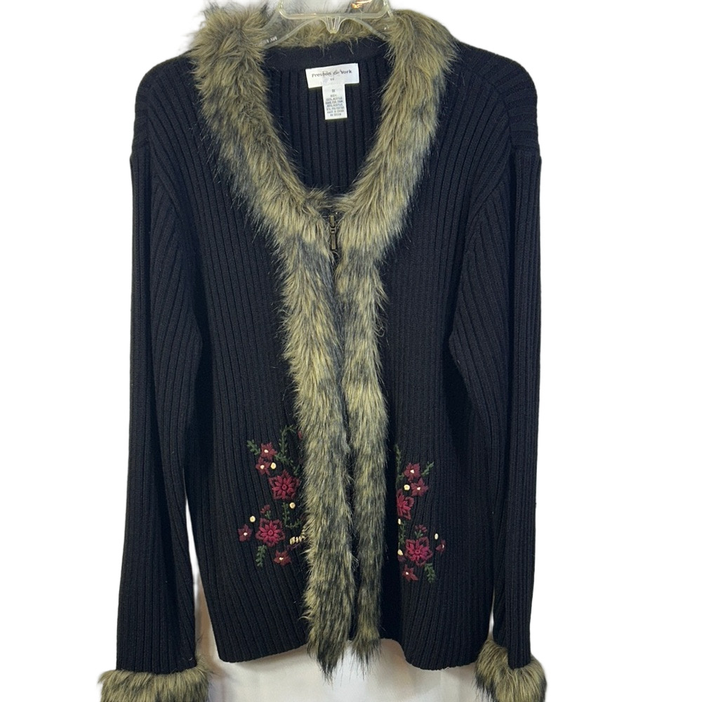 Preston & York Holiday Zip Up Black Cardigan with Faux Fur Trim Size 1X